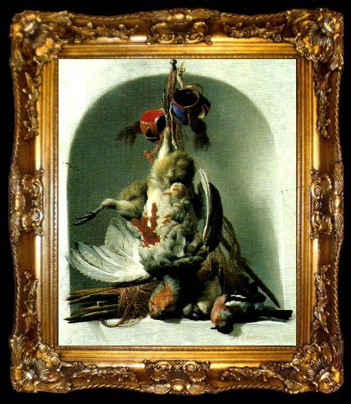 framed  HONDECOETER, Melchior d stilleben med faglar och jaktredskap, ta009-2